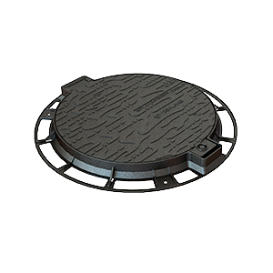 Capac fontă rotund cu ramă Dext=800mm, pas liber=600mm, H=60mm cu închizător, clasa de sarcini A15 