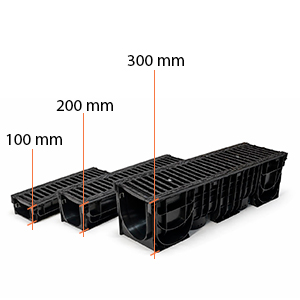Лоток водоотводный пластиковый BASE DN200 H200 с решеткой чугунной щелевой класс нагрузки C250 (старая модель)