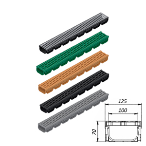 Лоток водоотводный Easy2 DN100 H70, с решеткой щелевой пластиковой черной (1000x125x70мм) класс нагрузки А15