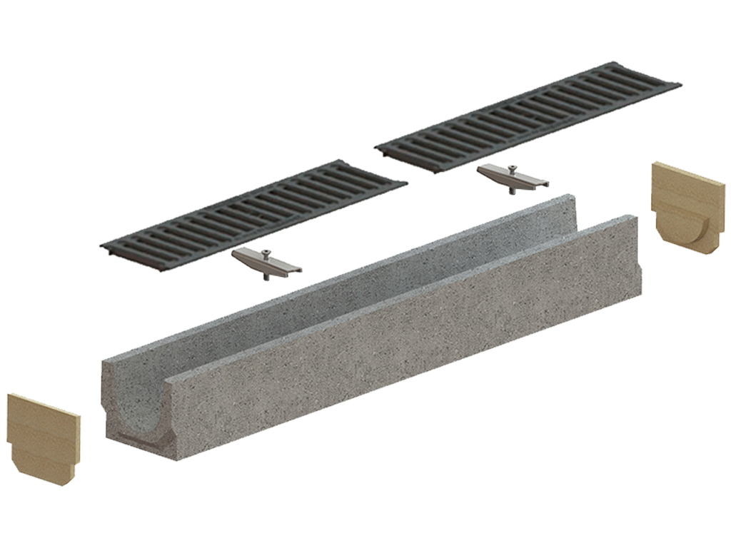 Лоток водоотводный фибробетоный BASE DN100 H125 с решеткой чугунной щелевой класс нагрузки C250