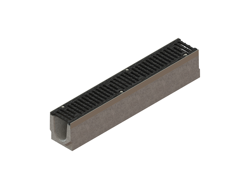 Лоток водоотводный фибробетонный серия PRO DN100 с внутренним уклоном H120-230мм и решетками чугунными класса D400 (1000x160x120-230мм)