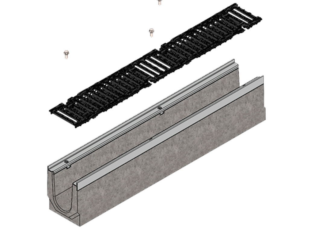 Лоток водоотводный фибробетонный серия PRO DN100 с внутренним уклоном H120-230мм и решетками чугунными класса D400 (1000x160x120-230мм)