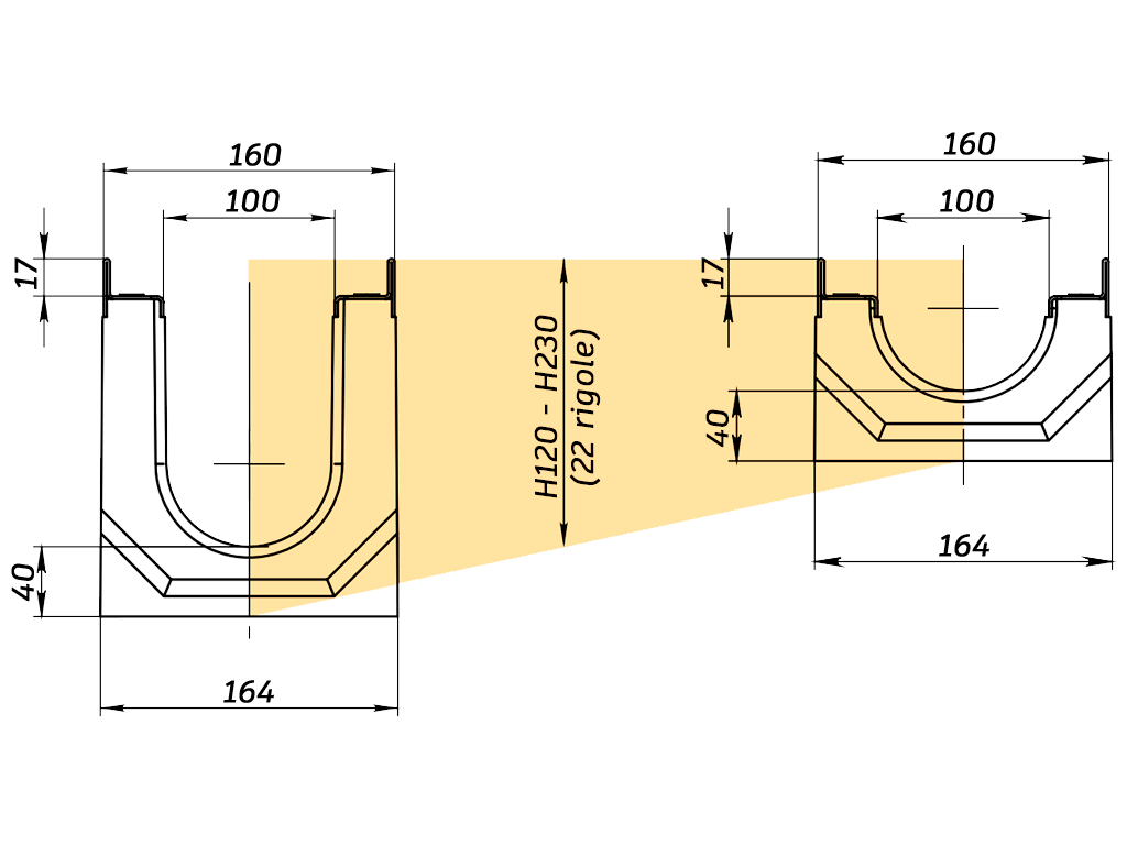 Лоток водоотводный фибробетонный серия PRO DN100 с внутренним уклоном H120-230мм и решетками чугунными класса D400 (1000x160x120-230мм)