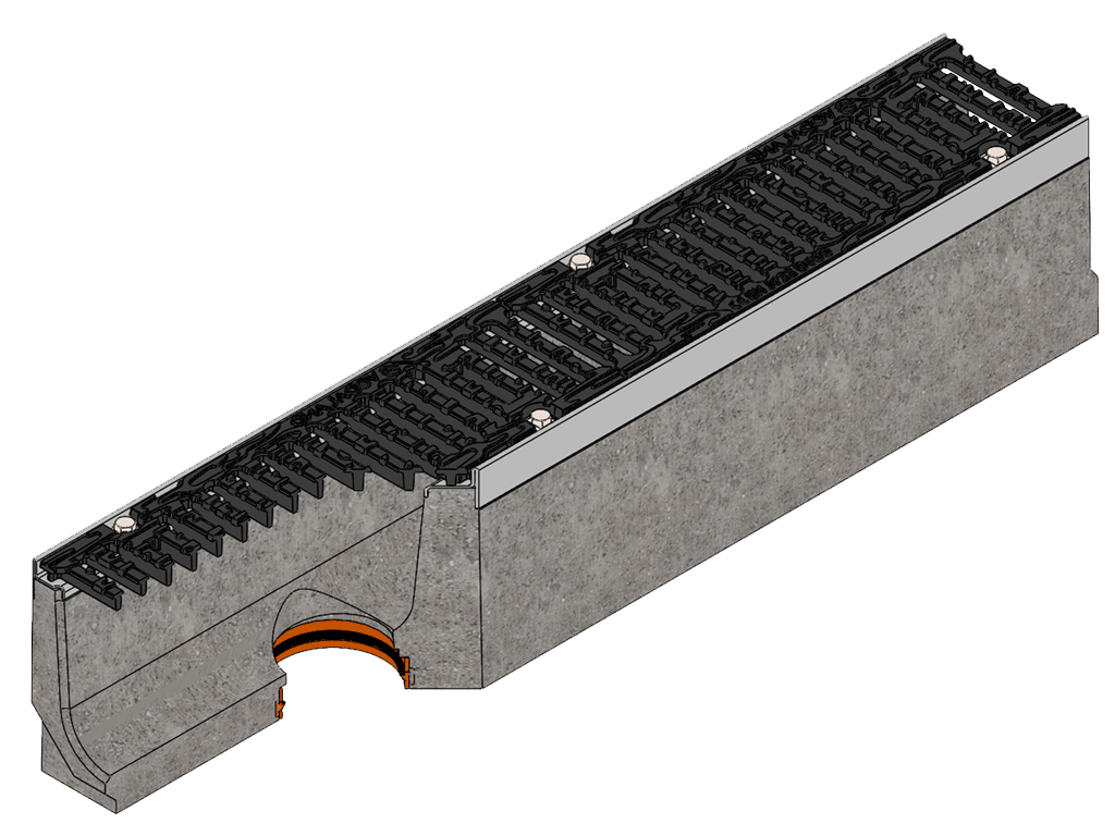 Rigola carosabila din fibrobeton seria PRO DN100 H160 cu gratare din fontă ductilă, clasa D400 (1000x160x160) cu racord vertical D110mm