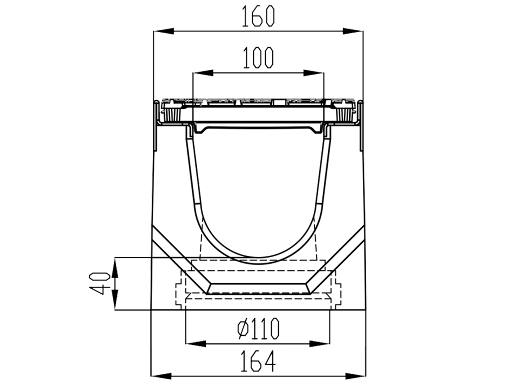 Rigola carosabila din fibrobeton seria PRO DN100 H160 cu gratare din fontă ductilă, clasa D400 (1000x160x160) cu racord vertical D110mm