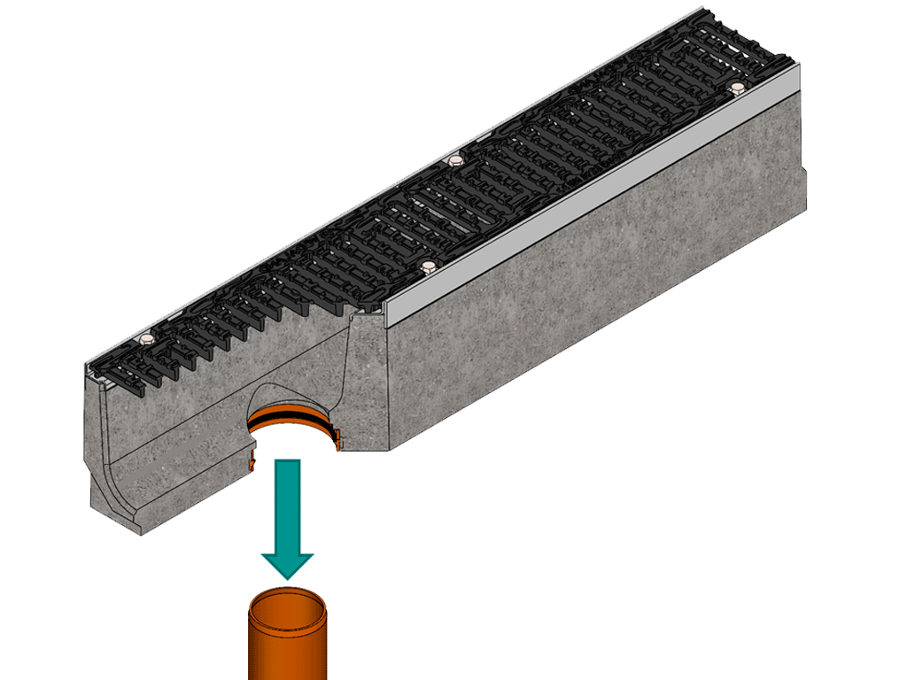 Rigola carosabila din fibrobeton seria PRO DN100 H160 cu gratare din fontă ductilă, clasa D400 (1000x160x160) cu racord vertical D110mm