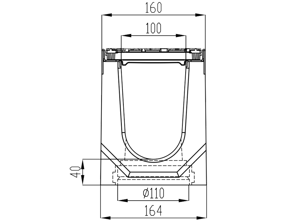 Rigola carosabila din fibrobeton seria PRO DN100 H210 cu gratare din fontă ductilă, clasa D400 (1000x160x210) cu racord vertical D110mm