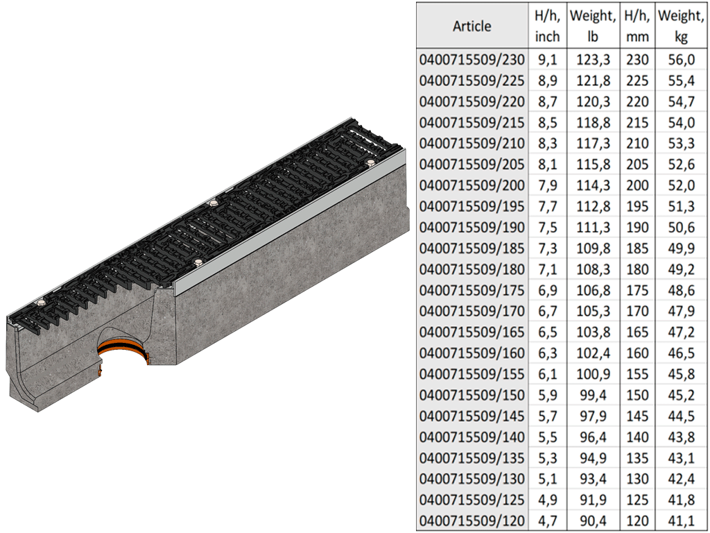 Rigola carosabila din fibrobeton seria PRO DN100 H210 cu gratare din fontă ductilă, clasa D400 (1000x160x210) cu racord vertical D110mm