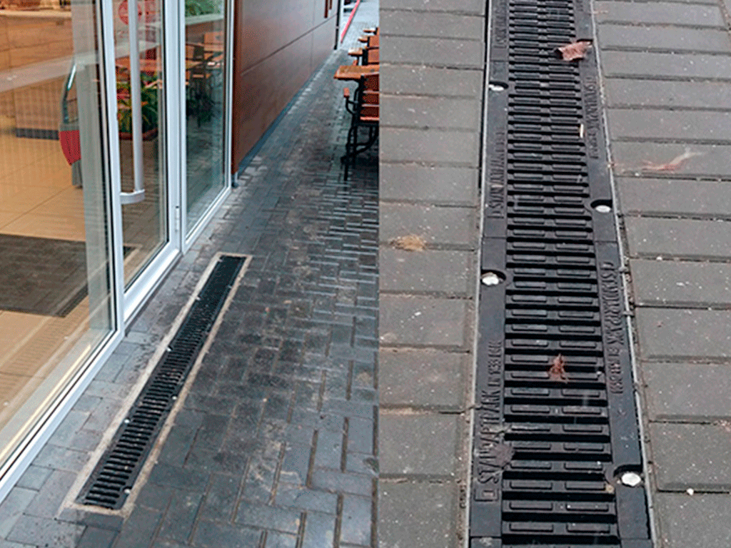 Rigola carosabila din fibrobeton seria PRO DN100 H210 cu gratare din fontă ductilă, clasa D400 (1000x160x210) cu racord vertical D110mm