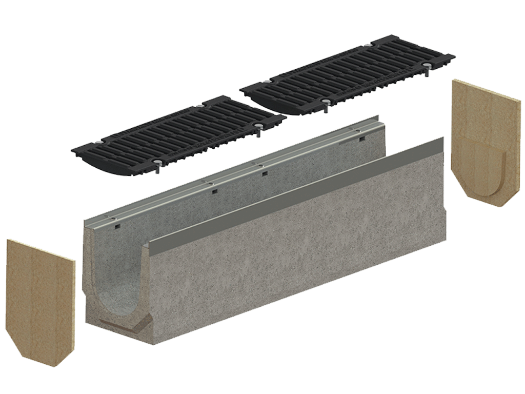 Лоток водоотводный фибробетонный серия PRO DN150 с внутренним уклоном H100-310мм и решетками чугунными класса D400 (1000x210x100-310мм)