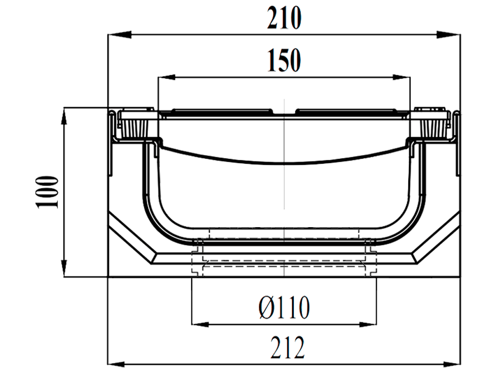Лоток водоотводный фибробетонный серия PRO DN150 H100 с решеткой чугунной D400 (1000х210х100) с вертикальным выпуском Д110мм