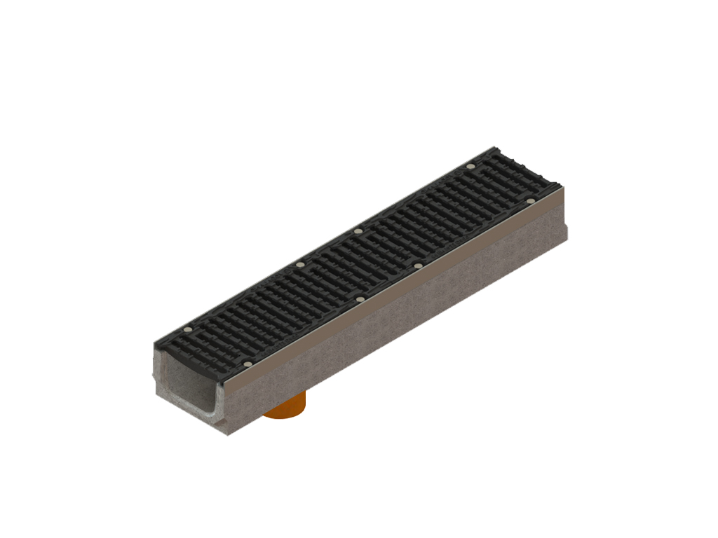 Лоток водоотводный фибробетонный серия PRO DN150 H160 с решеткой чугунной D400 (1000х210х160) с вертикальным выпуском Д110мм