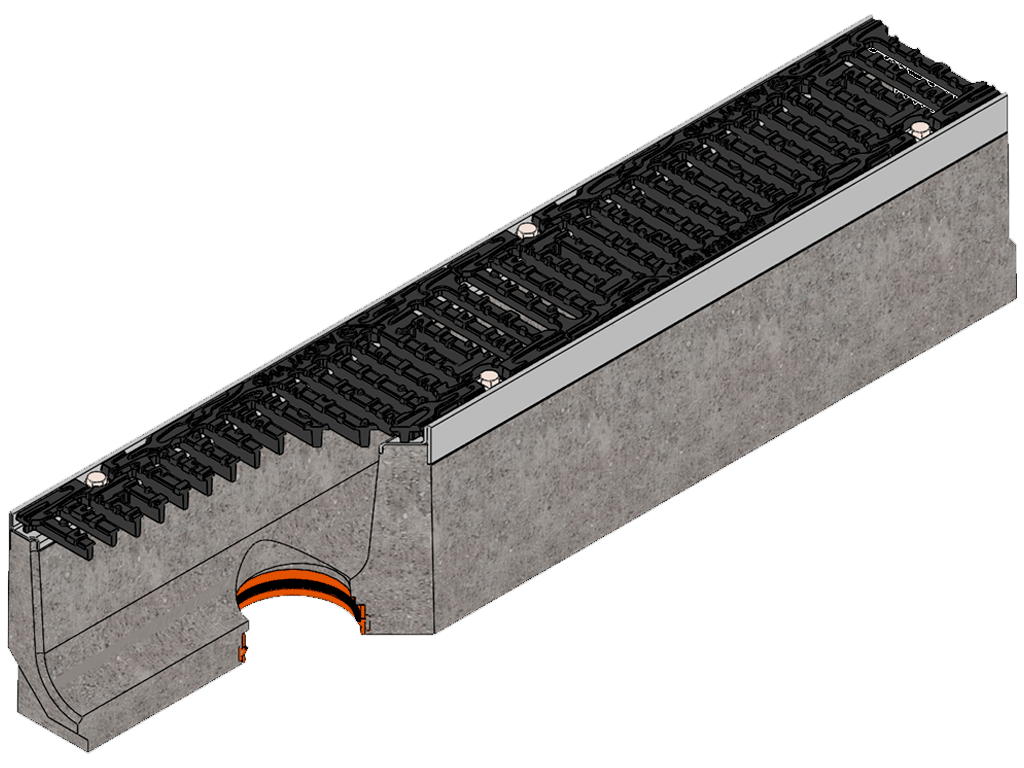 Лоток водоотводный фибробетонный серия PRO DN150 H160 с решеткой чугунной D400 (1000х210х160) с вертикальным выпуском Д110мм