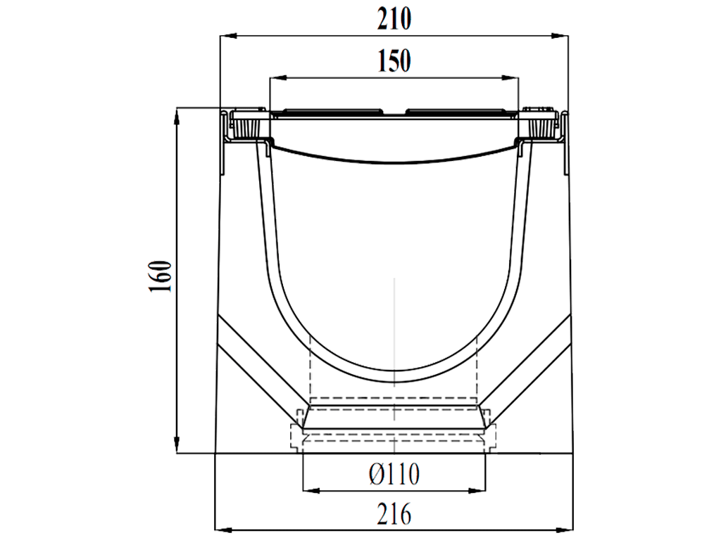 Лоток водоотводный фибробетонный серия PRO DN150 H160 с решеткой чугунной D400 (1000х210х160) с вертикальным выпуском Д110мм