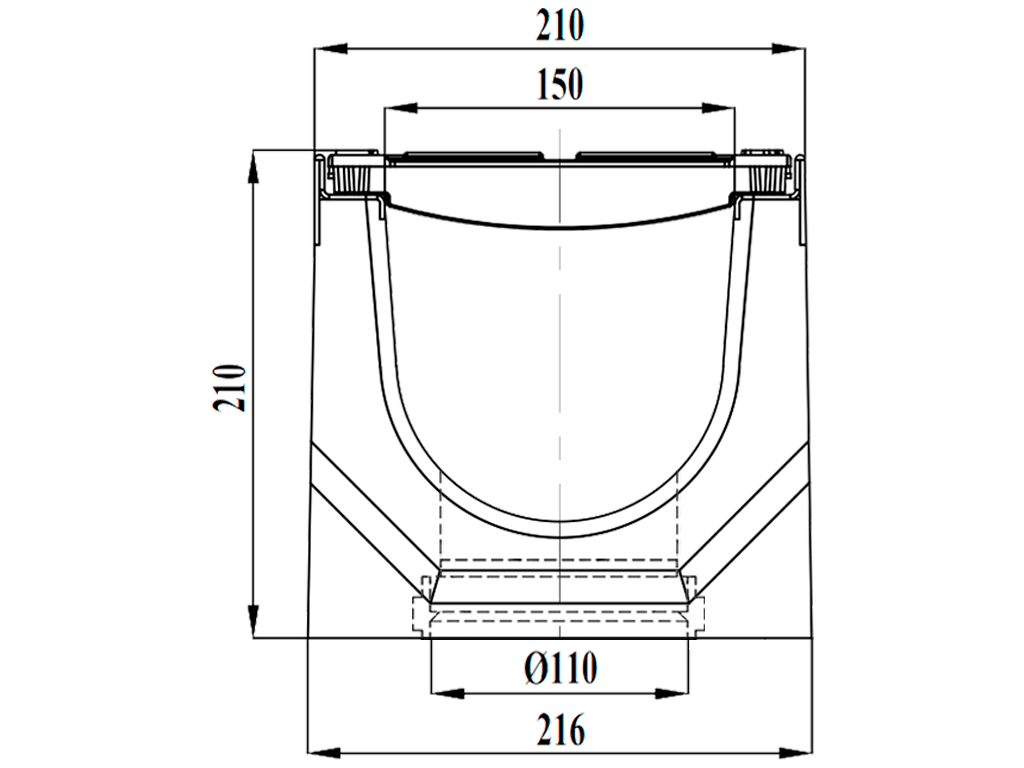 Лоток водоотводный фибробетонный серия PRO DN150 H210 с решеткой чугунной D400 (1000х210х210) с вертикальным выпуском Д110мм