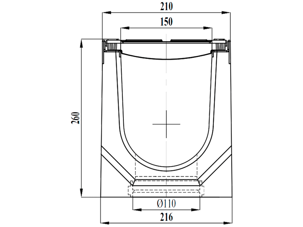 Лоток водоотводный фибробетонный серия PRO DN150 H260 с решеткой чугунной D400 (1000х210х260) с вертикальным выпуском Д110мм