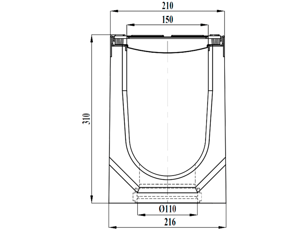 Лоток водоотводный фибробетонный серия PRO DN150 H310 с решеткой чугунной D400 (1000х210х310) с вертикальным выпуском Д110мм