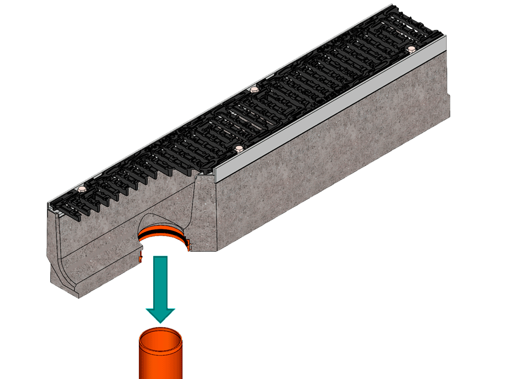 Лоток водоотводный фибробетонный серия PRO DN150 H310 с решеткой чугунной D400 (1000х210х310) с вертикальным выпуском Д110мм