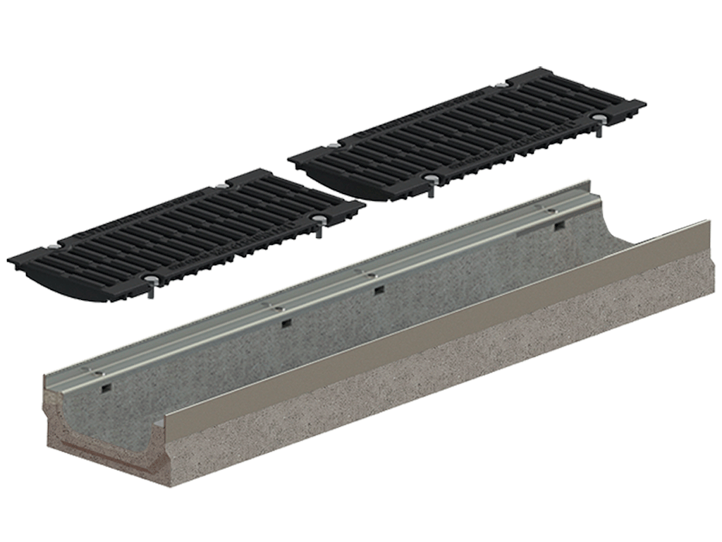 Лоток водоотводный фибробетонный серия PRO DN150 H100 с решеткой чугунной D400 (1000х210х100мм)