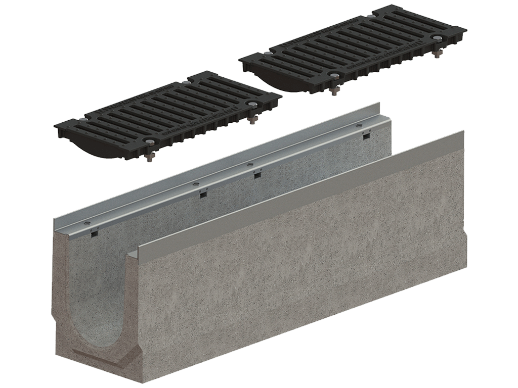 Лоток водоотводный MEGA DN160 (H185 - H310 мм) из фибробетона, с решетками чугунными E600