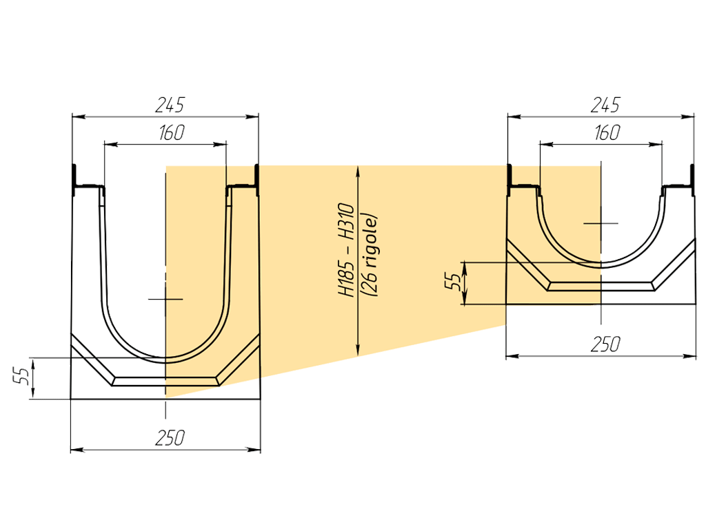 Лоток водоотводный MEGA DN160 (H185 - H310 мм) из фибробетона, с решетками чугунными E600