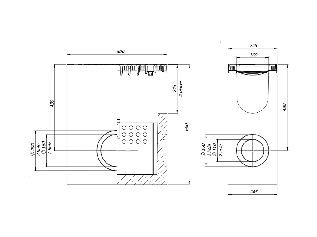 Cămin colector din fibrobeton MEGA DN160 H600 cu grătar fontă Е600 (500x245x600)