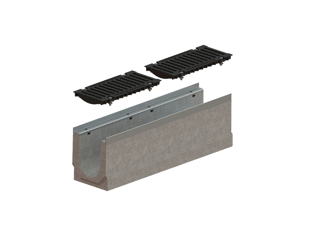 Rigolă carosabilă MEGA DN200 (H215 - H335 mm) din fibrobeton, cu grătare din fontă ductilă E600