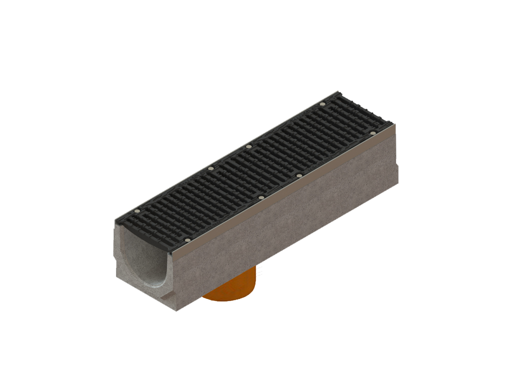 Лоток водоотводный фибробетонный серия PRO DN200 H210 с решеткой чугунной D400 (1000х260х210) с вертикальным выпуском Д200мм