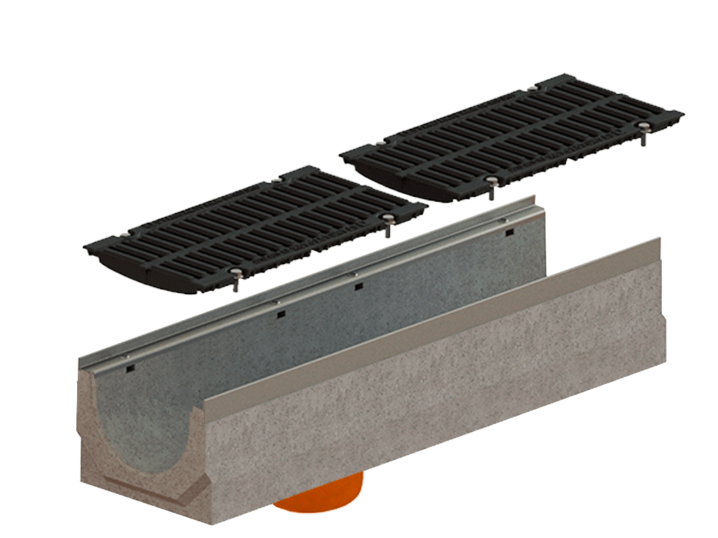 Лоток водоотводный фибробетонный серия PRO DN200 H210 с решеткой чугунной D400 (1000х260х210) с вертикальным выпуском Д200мм