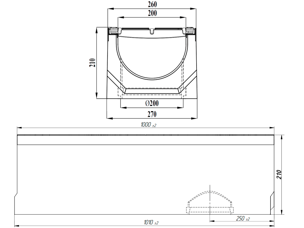 Лоток водоотводный фибробетонный серия PRO DN200 H210 с решеткой чугунной D400 (1000х260х210) с вертикальным выпуском Д200мм