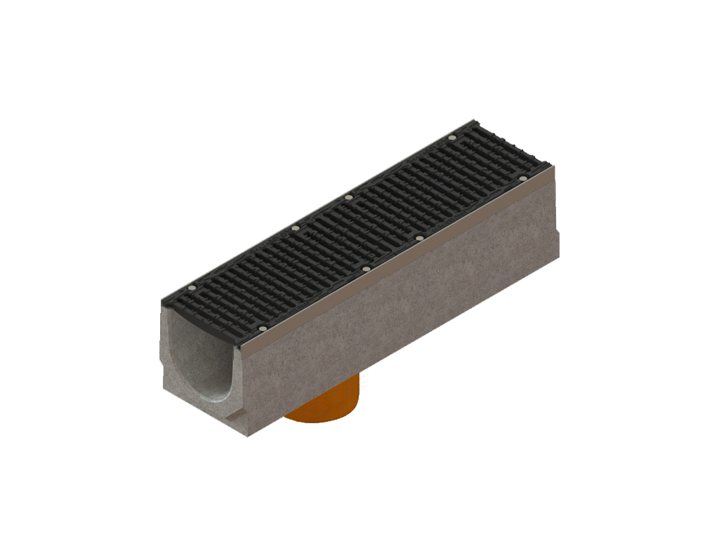 Лоток водоотводный фибробетонный серия PRO DN200 H260 с решеткой чугунной D400 (1000х260х260) с вертикальным выпуском Д200мм