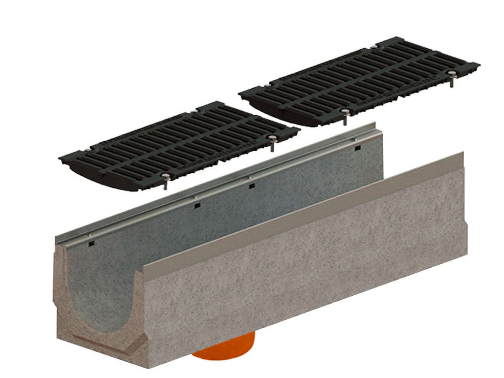 Лоток водоотводный фибробетонный серия PRO DN200 H260 с решеткой чугунной D400 (1000х260х260) с вертикальным выпуском Д200мм