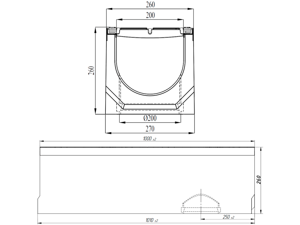 Лоток водоотводный фибробетонный серия PRO DN200 H260 с решеткой чугунной D400 (1000х260х260) с вертикальным выпуском Д200мм