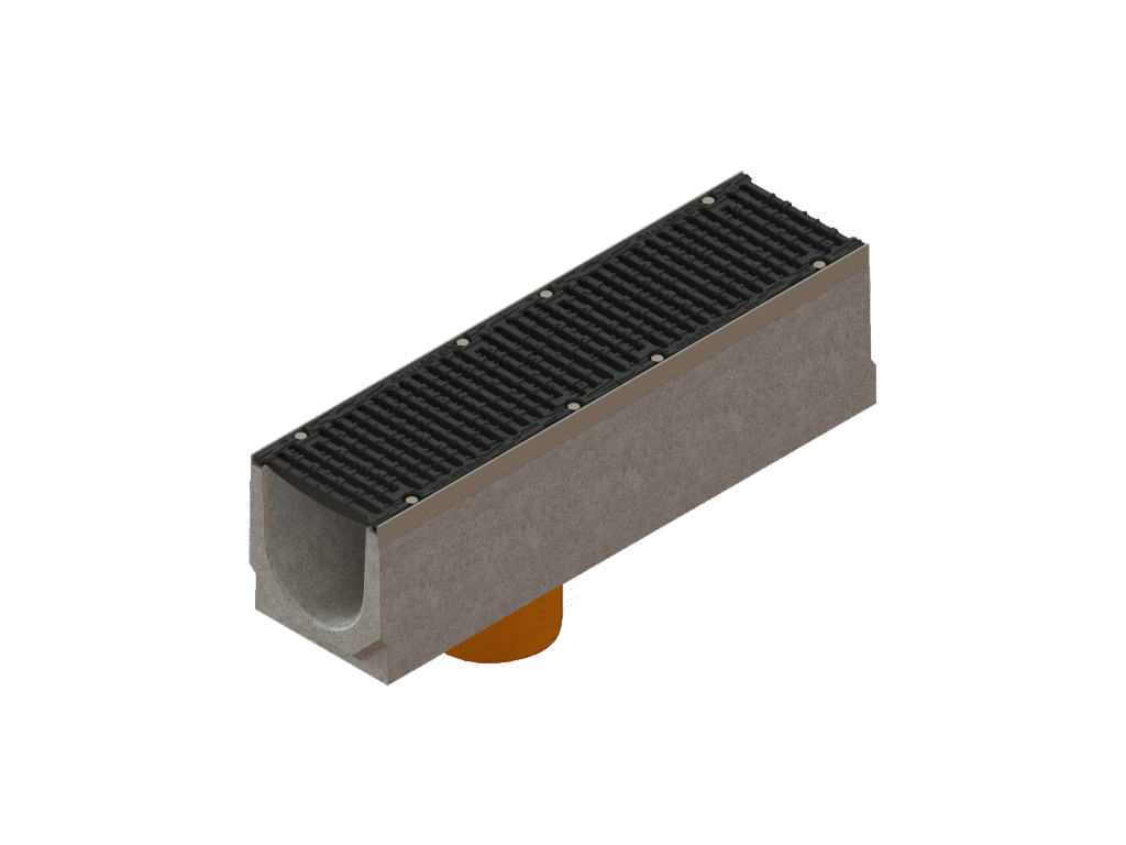 Лоток водоотводный фибробетонный серия PRO DN200 H310 с решеткой чугунной D400 (1000х260х310) с вертикальным выпуском Д200мм