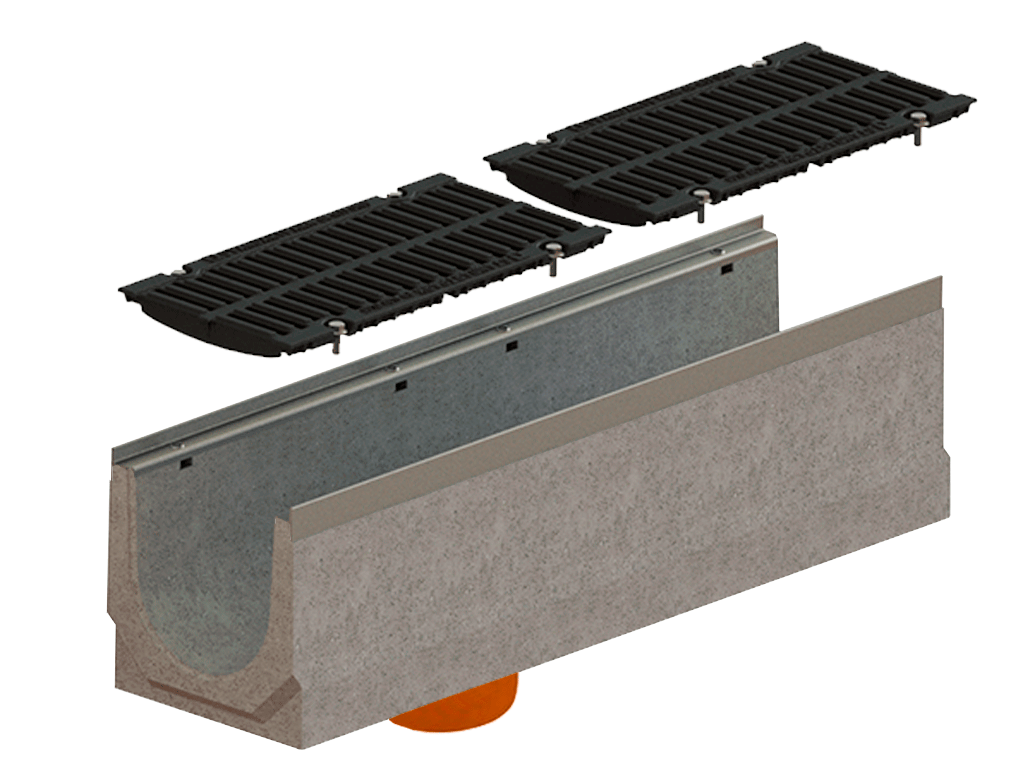 Лоток водоотводный фибробетонный серия PRO DN200 H310 с решеткой чугунной D400 (1000х260х310) с вертикальным выпуском Д200мм