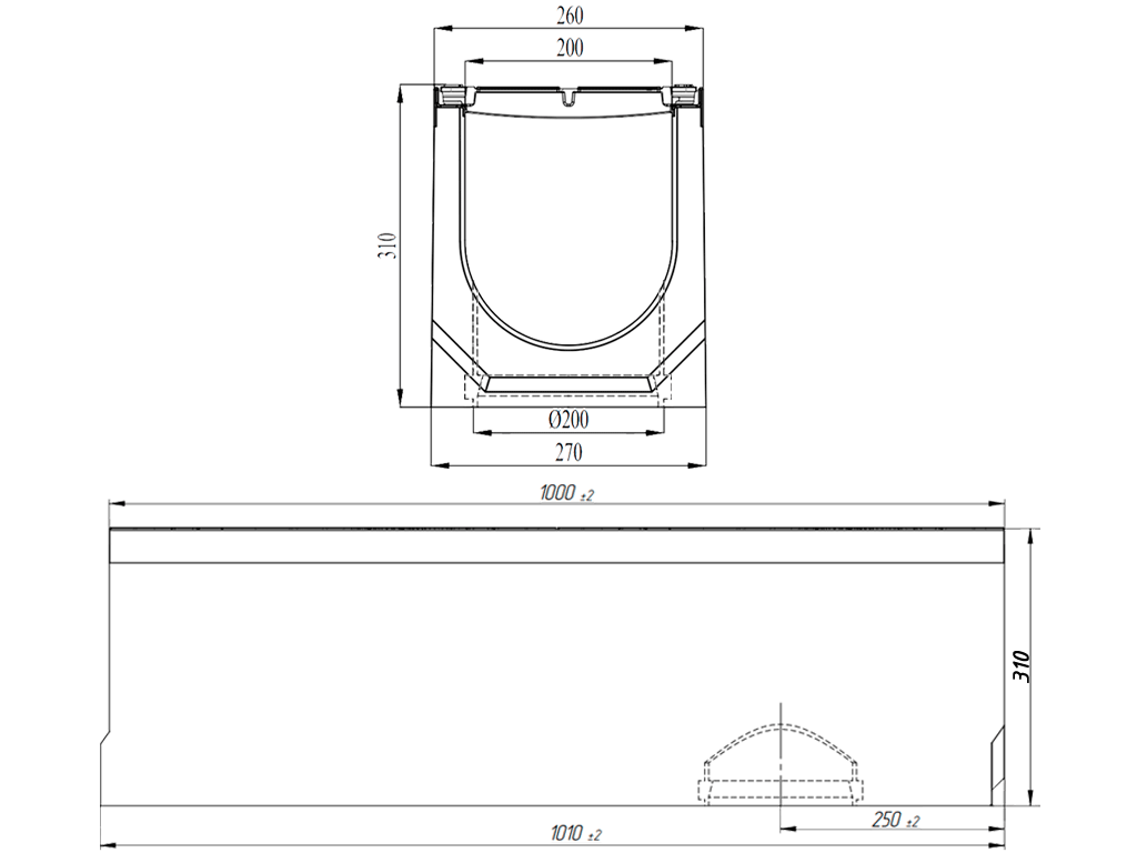 Лоток водоотводный фибробетонный серия PRO DN200 H310 с решеткой чугунной D400 (1000х260х310) с вертикальным выпуском Д200мм