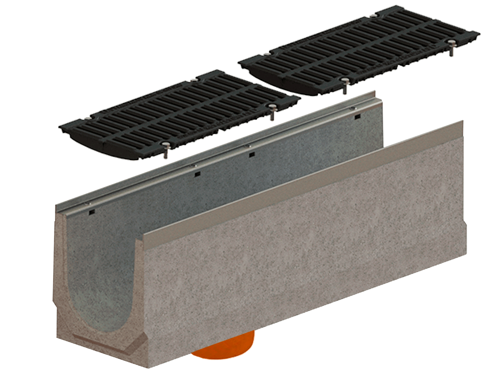 Лоток водоотводный фибробетонный серия PRO DN200 H360 с решеткой чугунной D400 (1000х260х360) с вертикальным выпуском Д200мм