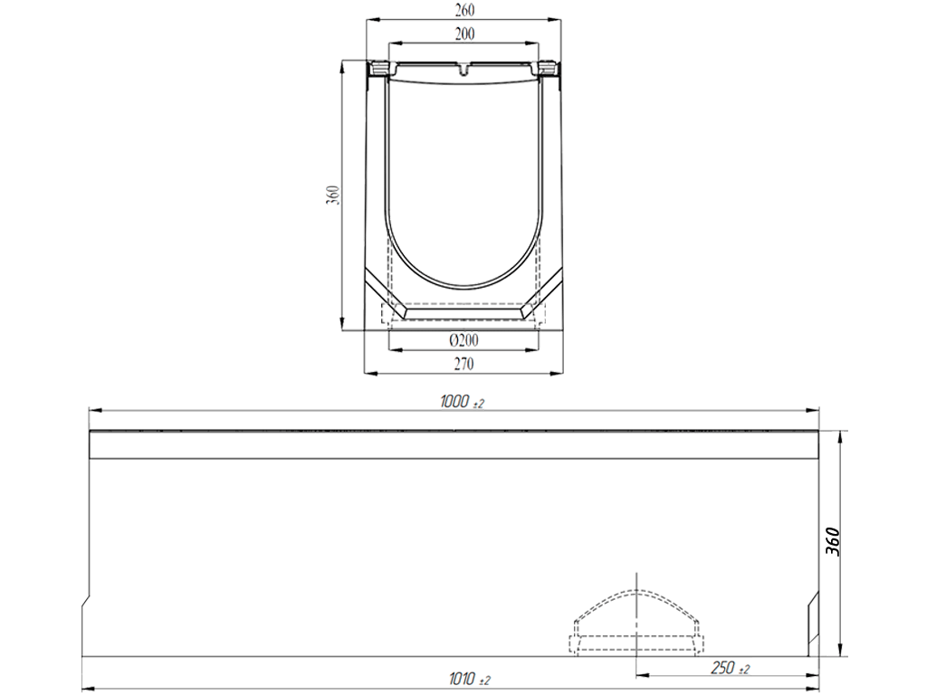 Лоток водоотводный фибробетонный серия PRO DN200 H360 с решеткой чугунной D400 (1000х260х360) с вертикальным выпуском Д200мм