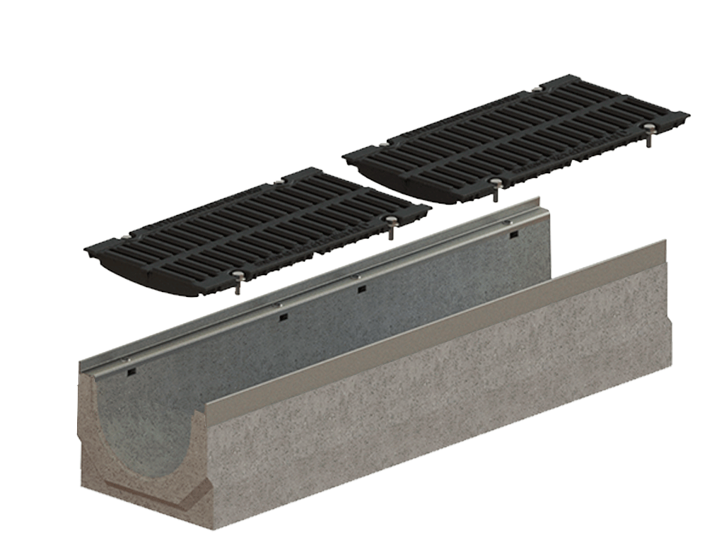 Лоток водоотводный фибробетонный серия PRO DN200 H210 с решеткой чугунной D400 (1000х260х210мм)
