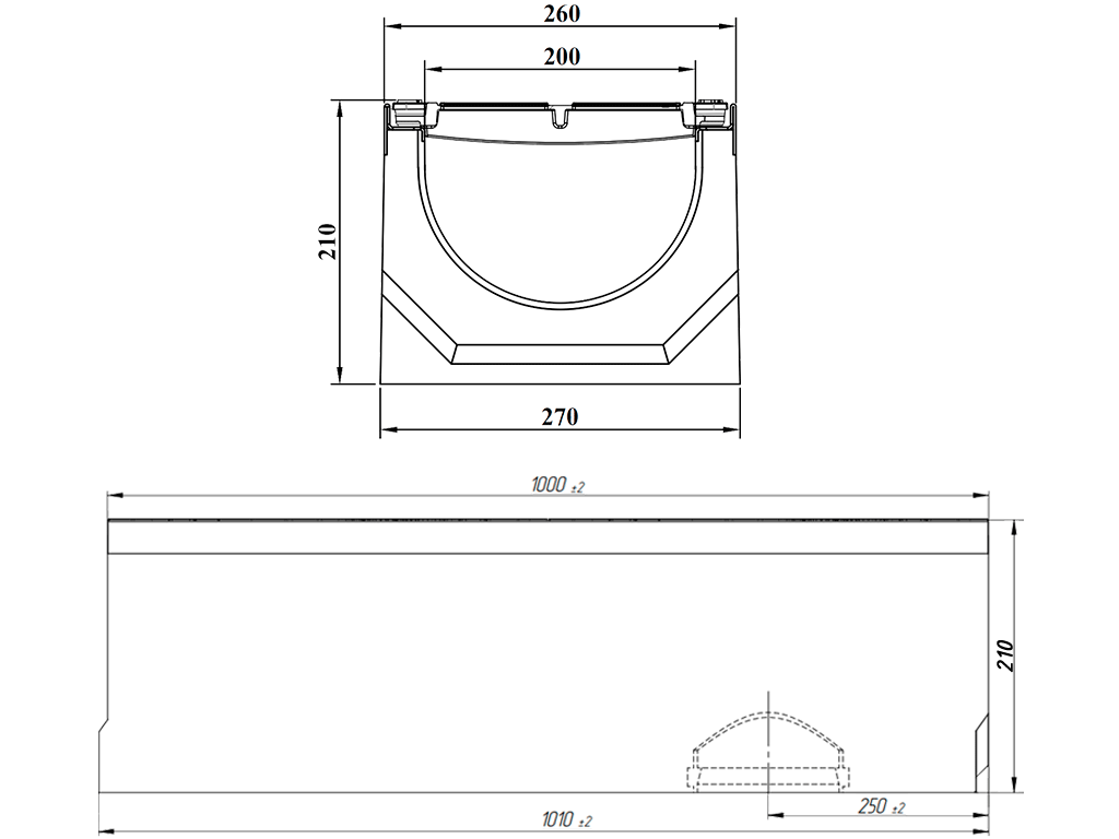Лоток водоотводный фибробетонный серия PRO DN200 H210 с решеткой чугунной D400 (1000х260х210мм)