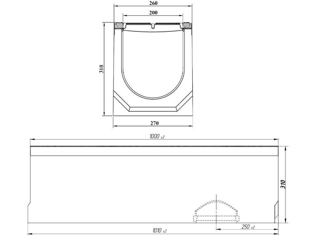 Лоток водоотводный фибробетонный серия PRO DN200 H310 с решеткой чугунной D400 (1000х260х310мм)