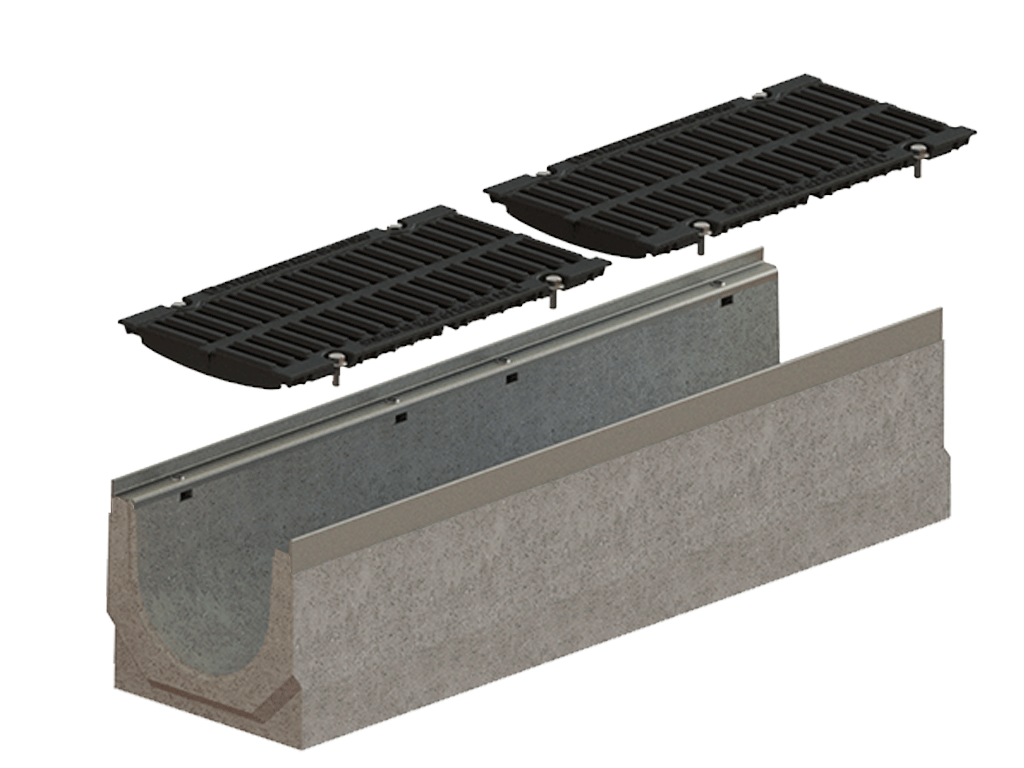 Лоток водоотводный фибробетонный серия PRO DN200 H260 с решеткой чугунной D400 (1000х260х260мм)