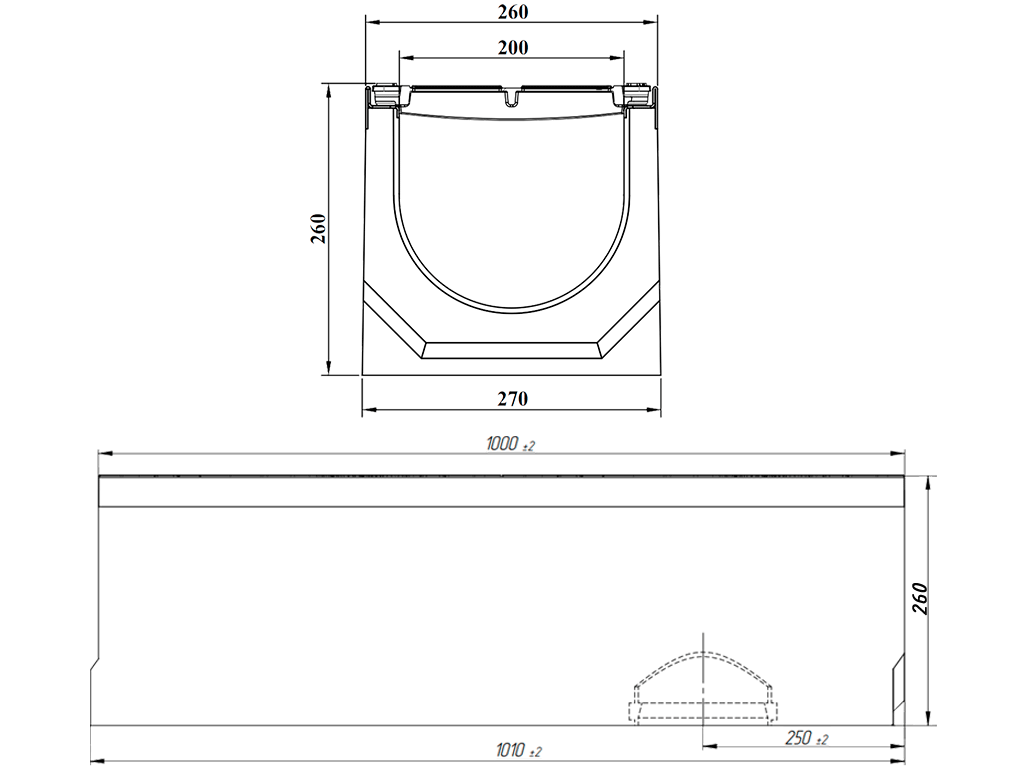 Лоток водоотводный фибробетонный серия PRO DN200 H260 с решеткой чугунной D400 (1000х260х260мм)