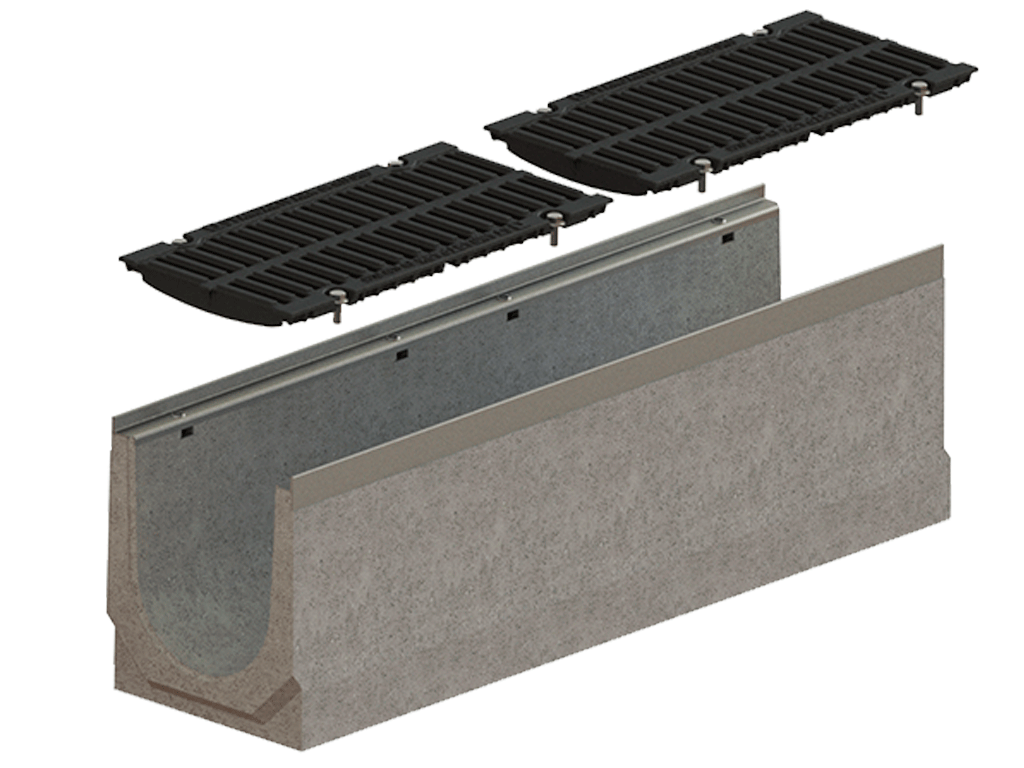 Лоток водоотводный фибробетонный серия PRO DN200 H360 с решеткой чугунной D400 (1000х260х360мм)