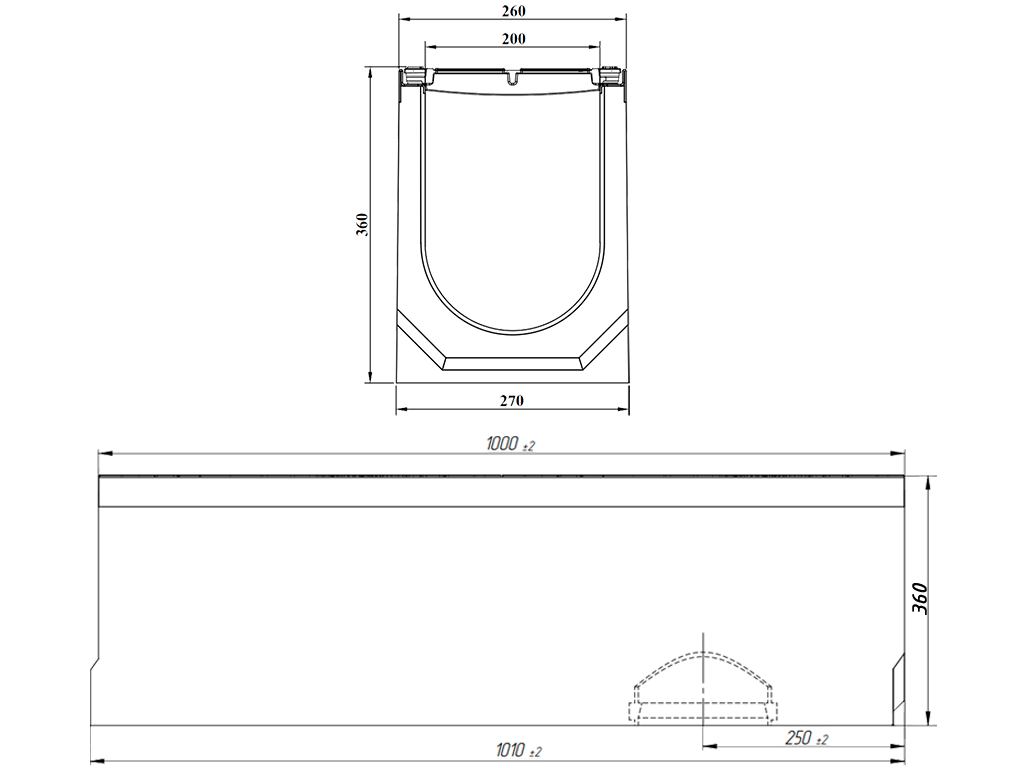 Лоток водоотводный фибробетонный серия PRO DN200 H360 с решеткой чугунной D400 (1000х260х360мм)