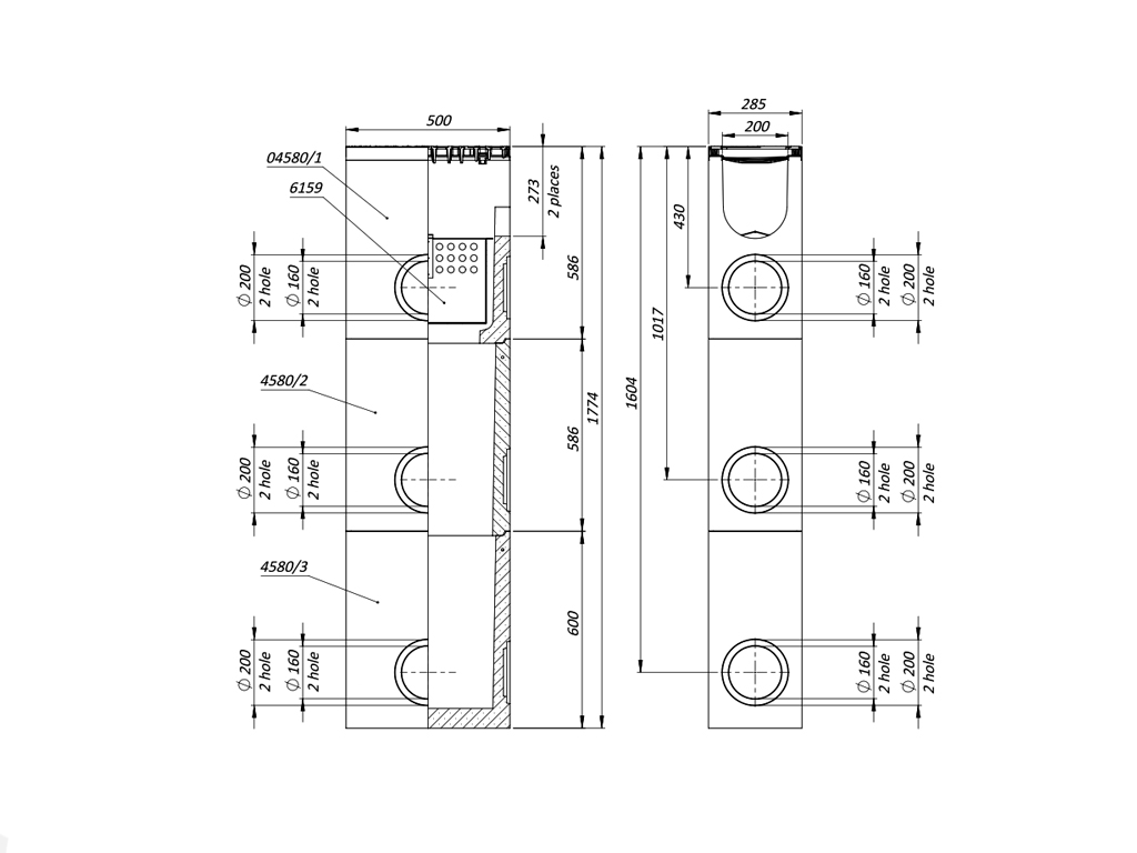 Cămin colector din fibrobeton MEGA DN200 H600-H1774, din 3 secții cu grătar fontă Е600 (500x285x600-1774)