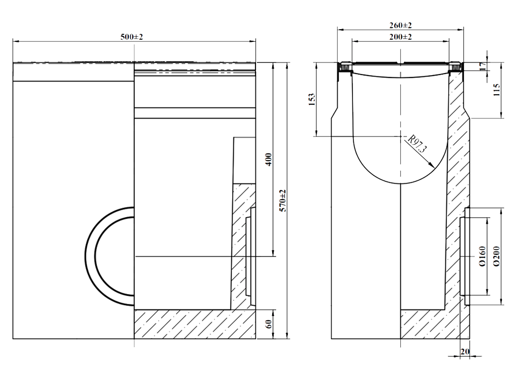 Camin colector carosabil din fibrobeton, seria PRO DN200 H600 cu gratar din fontă ductilă, clasa D400 (500x260x600mm)