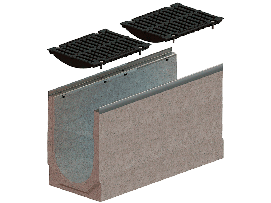 Лоток водоотводный MEGA DN300 (H260 - H610 мм) из фибробетона, с решетками чугунными E600
