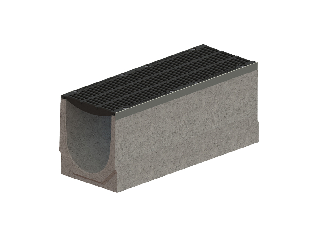 Лоток водоотводный фибробетонный серия PRO DN300 с внутренним уклоном H260-410мм и решетками чугунными класса D400 (1000x360x260-410мм)