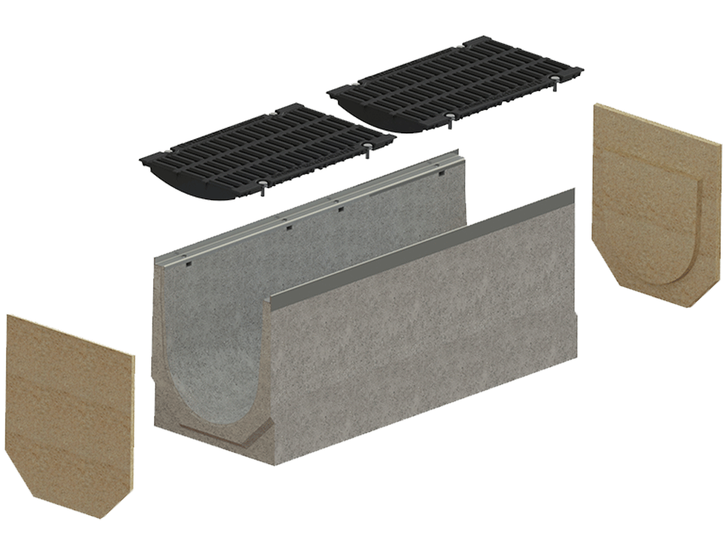 Лоток водоотводный фибробетонный серия PRO DN300 с внутренним уклоном H260-410мм и решетками чугунными класса D400 (1000x360x260-410мм)